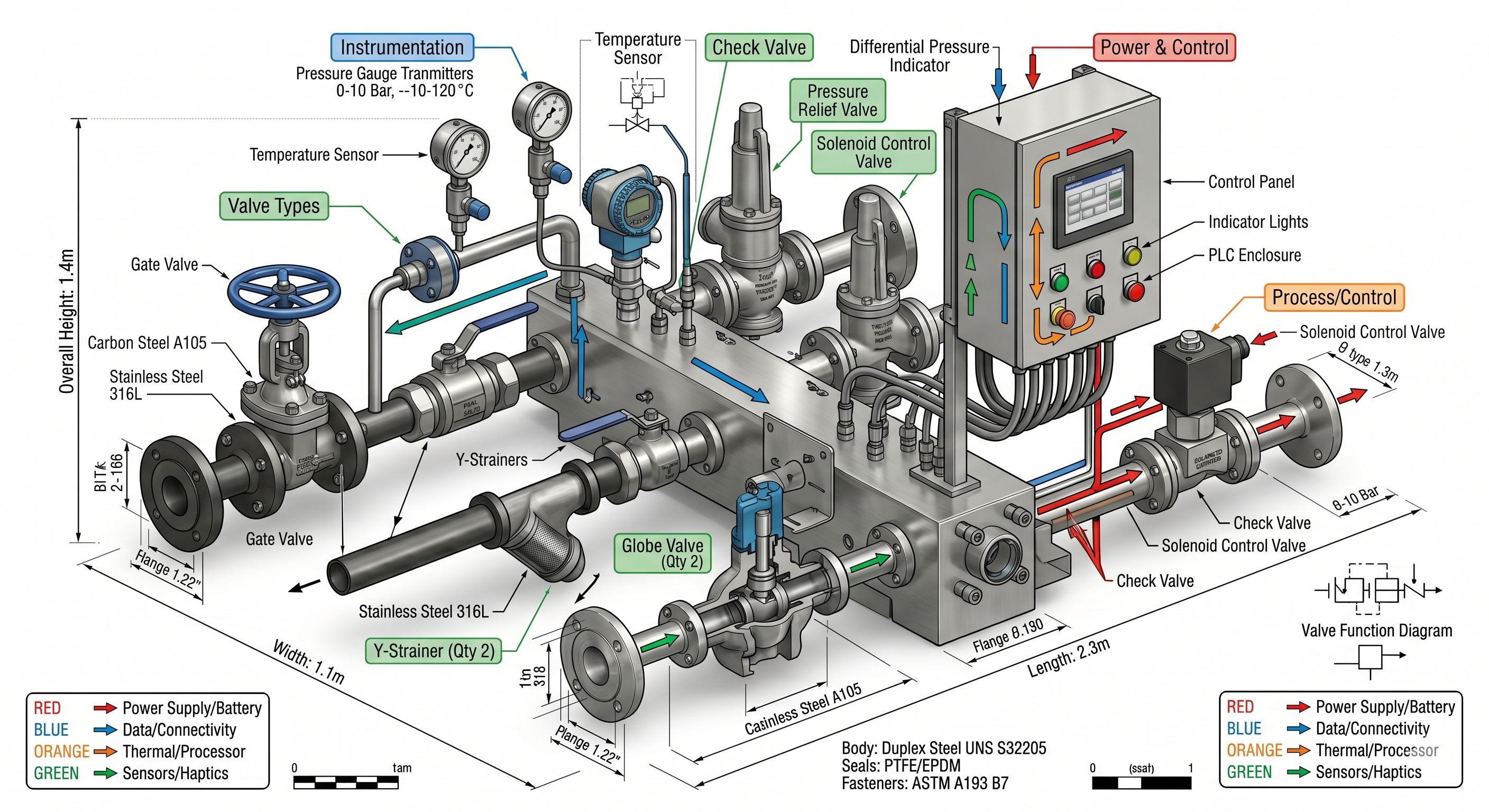 Valve manifold system — gate valves, globe valves, instrumentation, solenoid controls, and P&ID layout