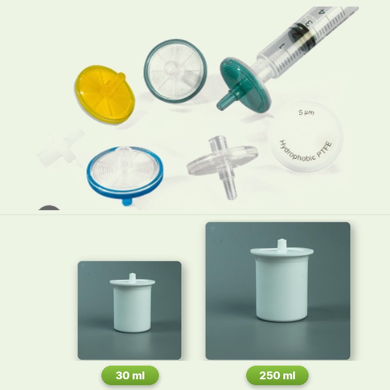 LabStory SG laboratory consumables — syringe filters and PTFE beakers